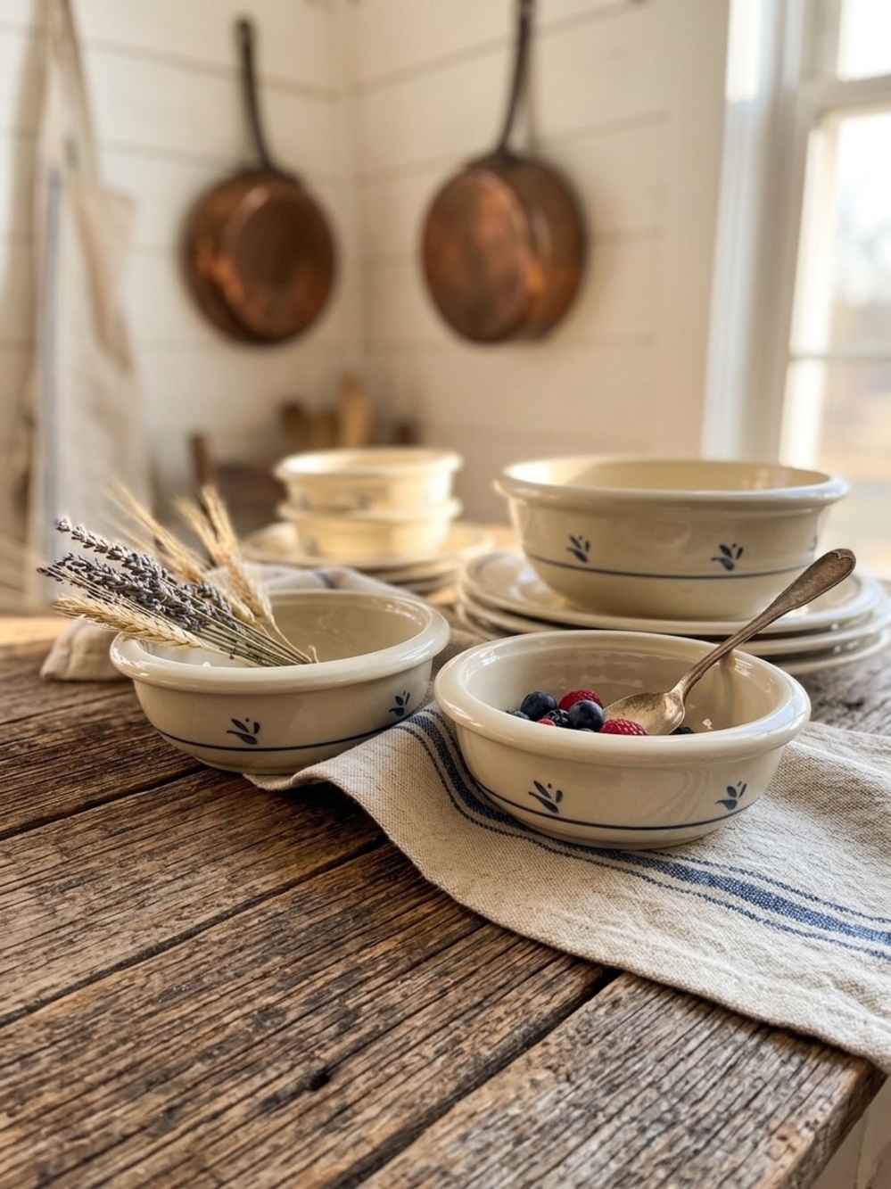 Set of 2 Friendship Pottery Roseville, Ohio Blue Spongeware Stoneware Soup bowls